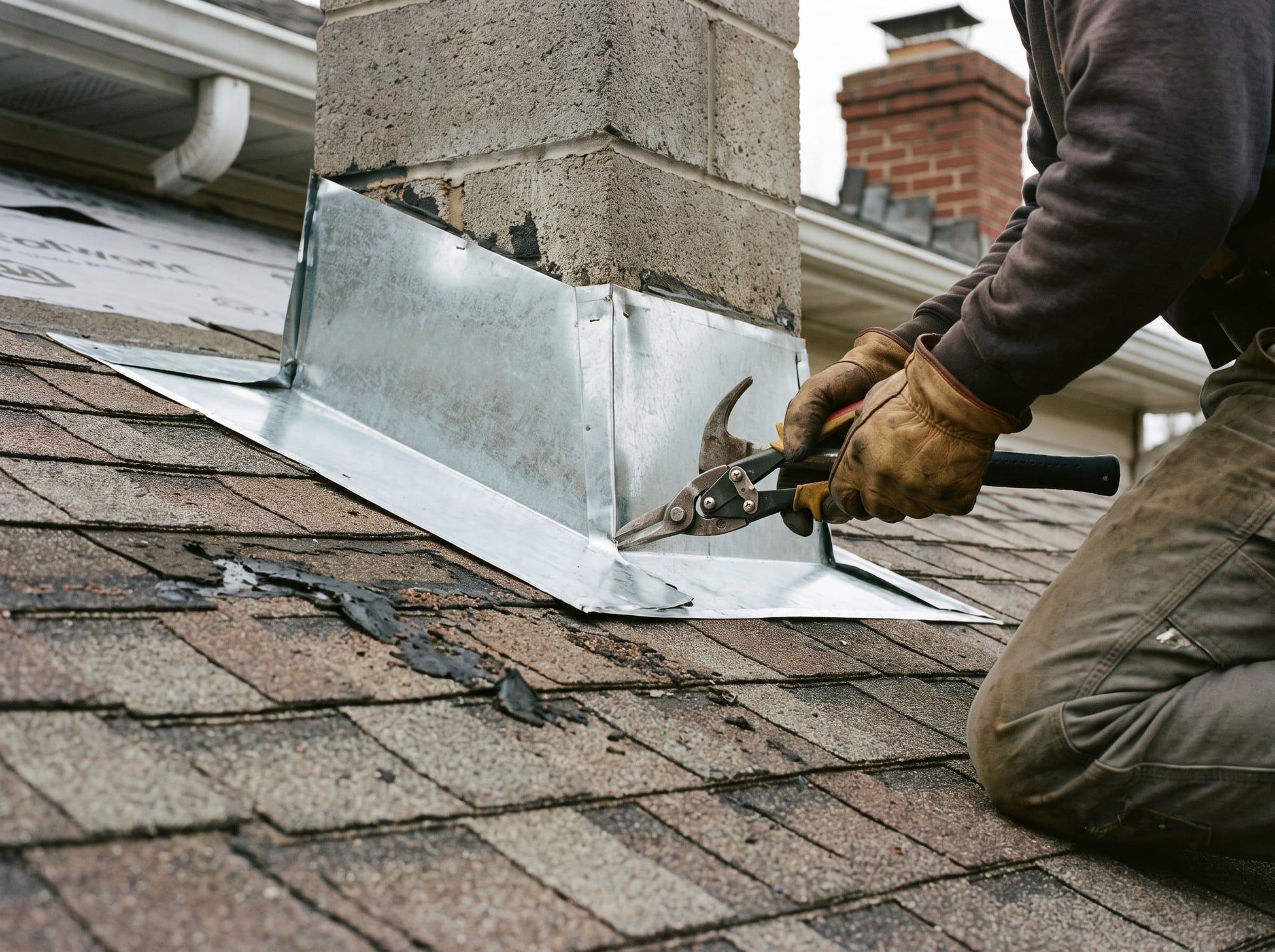 Roofer cutting new metal flashing around a chimney